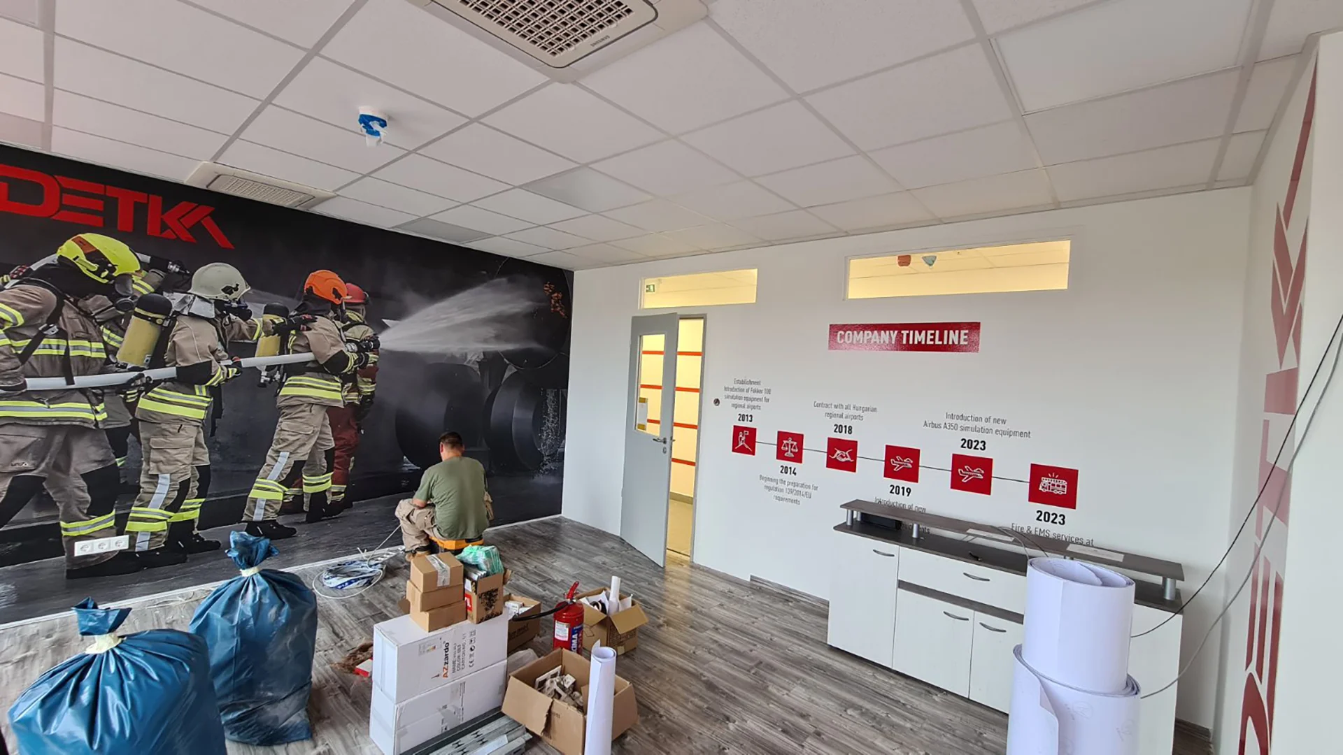 beltéri_egyedi faldekoráció nyomtatott laminált falmatrica_vágot plotter falmatrica timeline és logó